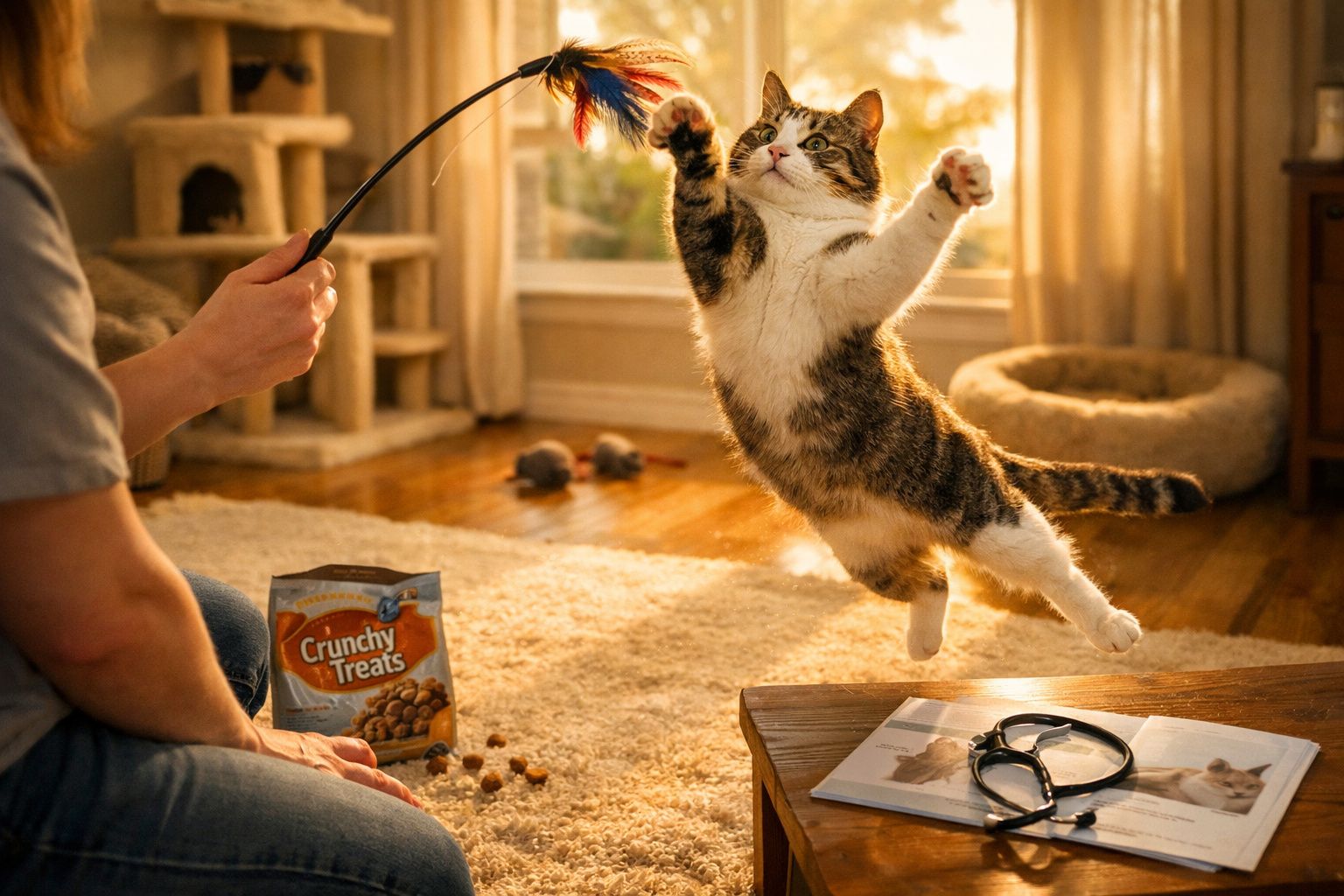 Gato a saltar para apanhar uma pena colorida enquanto uma pessoa o brinca num ambiente acolhedor.