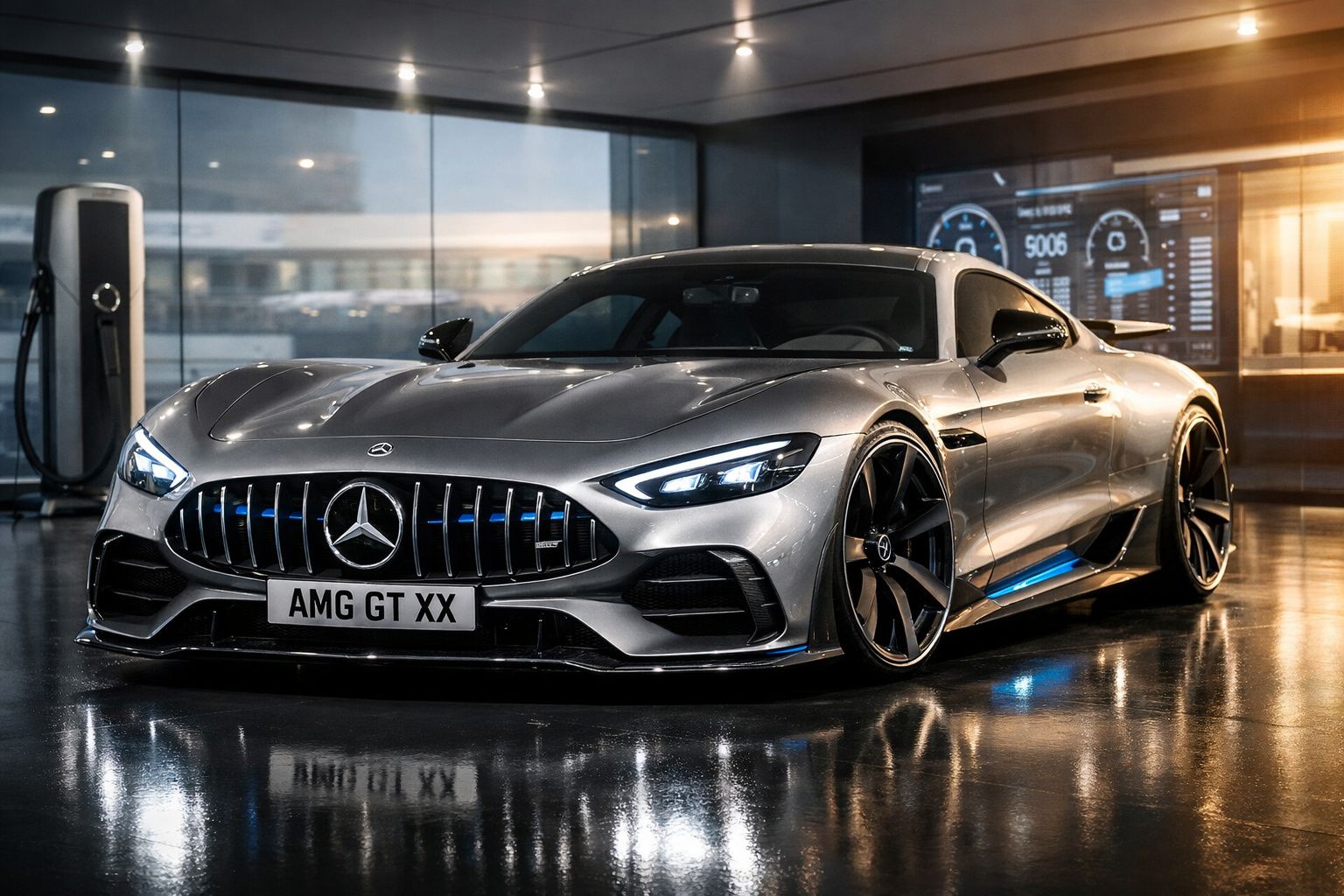 Carro desportivo prata Mercedes AMG GT XX estacionado em garagem moderna com luzes LED.