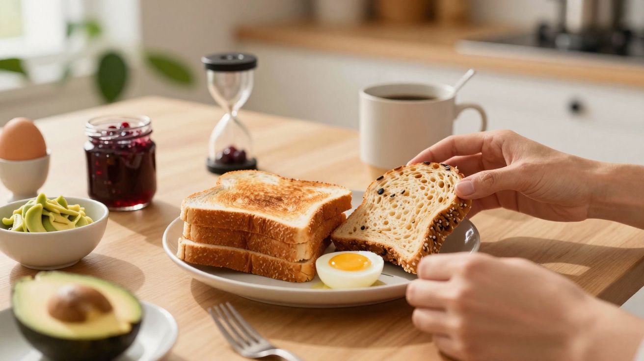 Pessoa a preparar tosta com pão de sementes, ovo cozido e chá numa mesa de madeira iluminada pela luz natural.