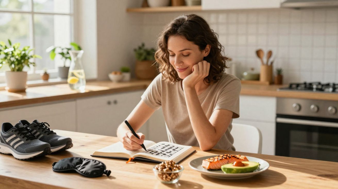 Mulher jovem resolve palavras cruzadas sentada à mesa com comida saudável e ténis numa cozinha iluminada.