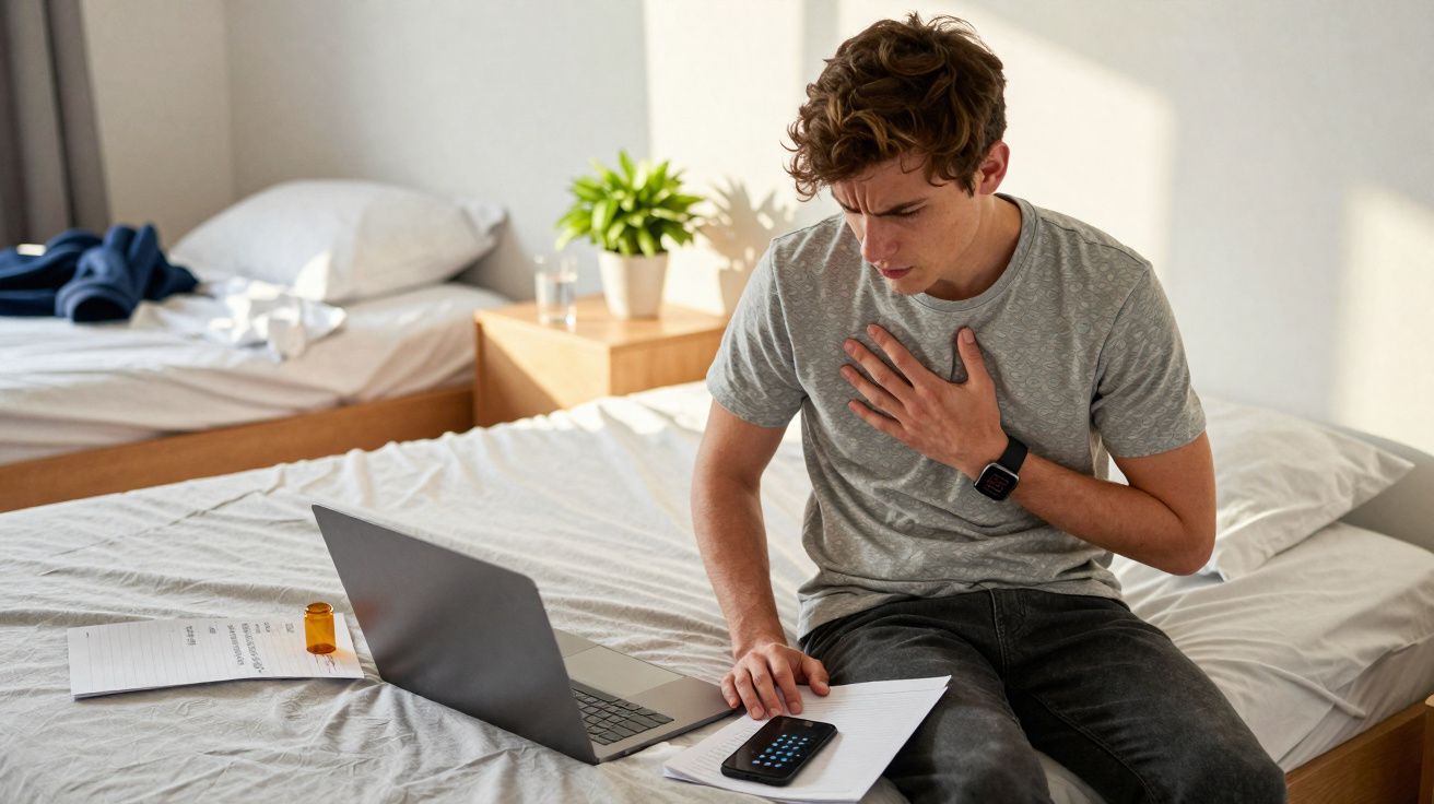 Jovem sentado na cama com expressão de dor no peito, rodeado por laptop, medicamentos e papéis.