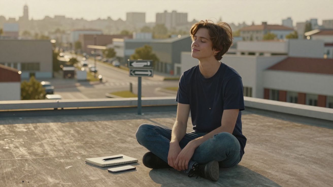 Jovem sentado no chão de um terraço urbano, olhos fechados, apreciando o sol da tarde.