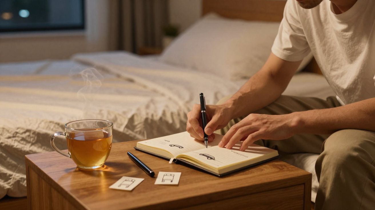 Pessoa a desenhar carros num caderno ao lado de chá quente numa mesa de cabeceira junto à cama.