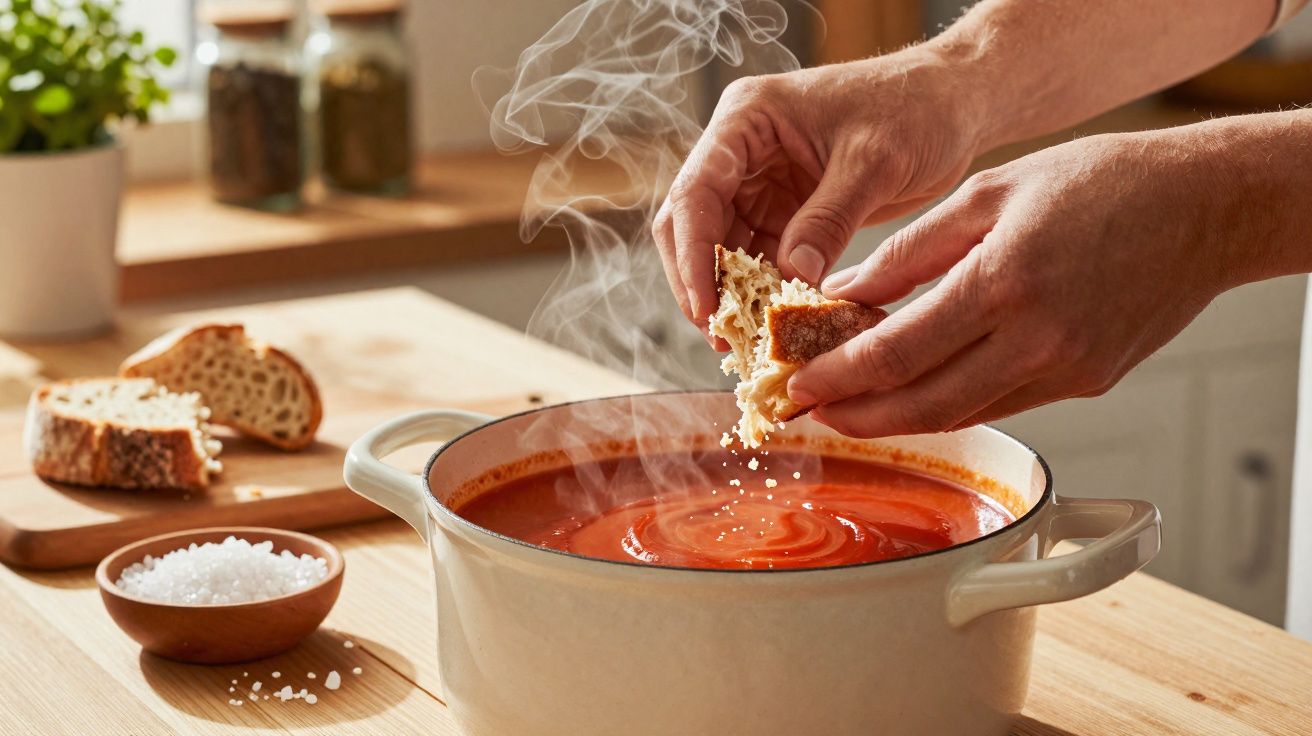 Pote com sopa quente de tomate, mãos a desfazer pão para adicionar, mesa de madeira com sal e mais pão.