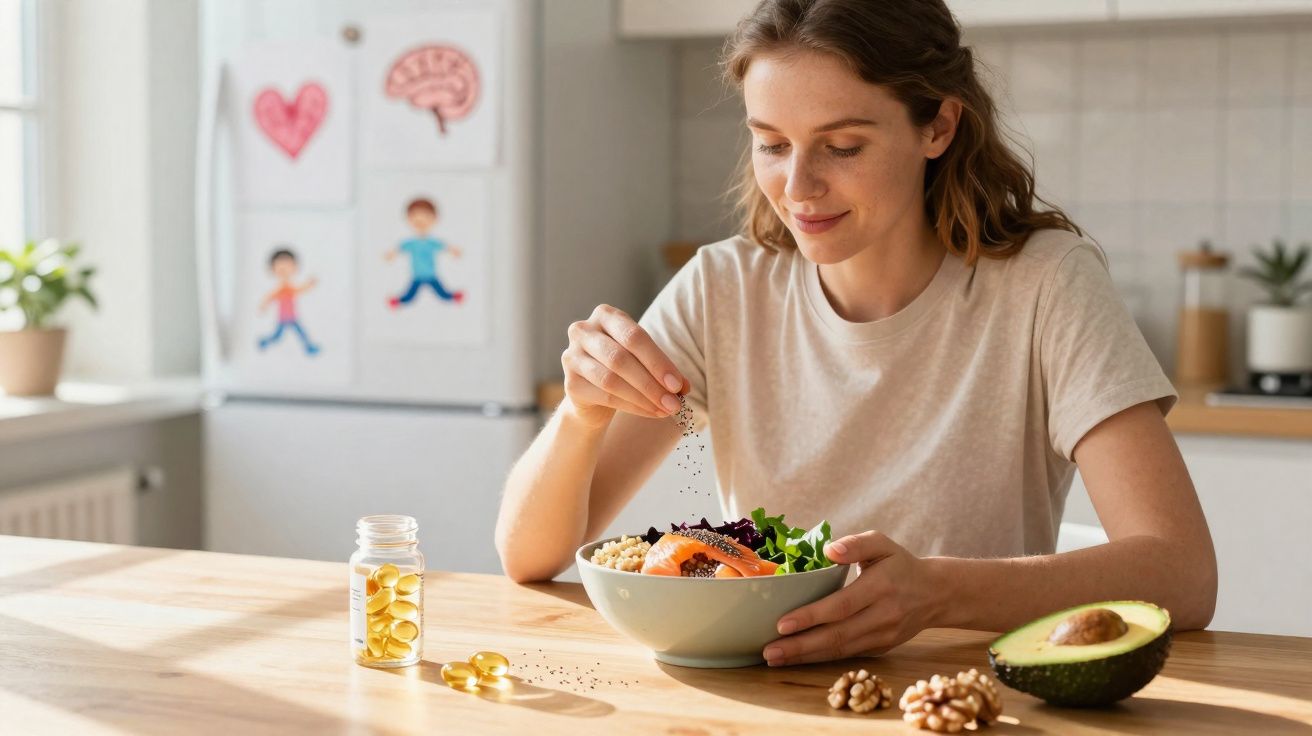Mulher tempera salada com sementes na cozinha, com abacate, nozes e cápsulas ao lado.