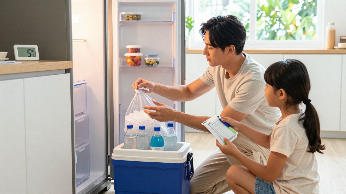 Homem e menina colocam gelo numa caixa térmica azul na cozinha, com frigorífico aberto ao fundo.