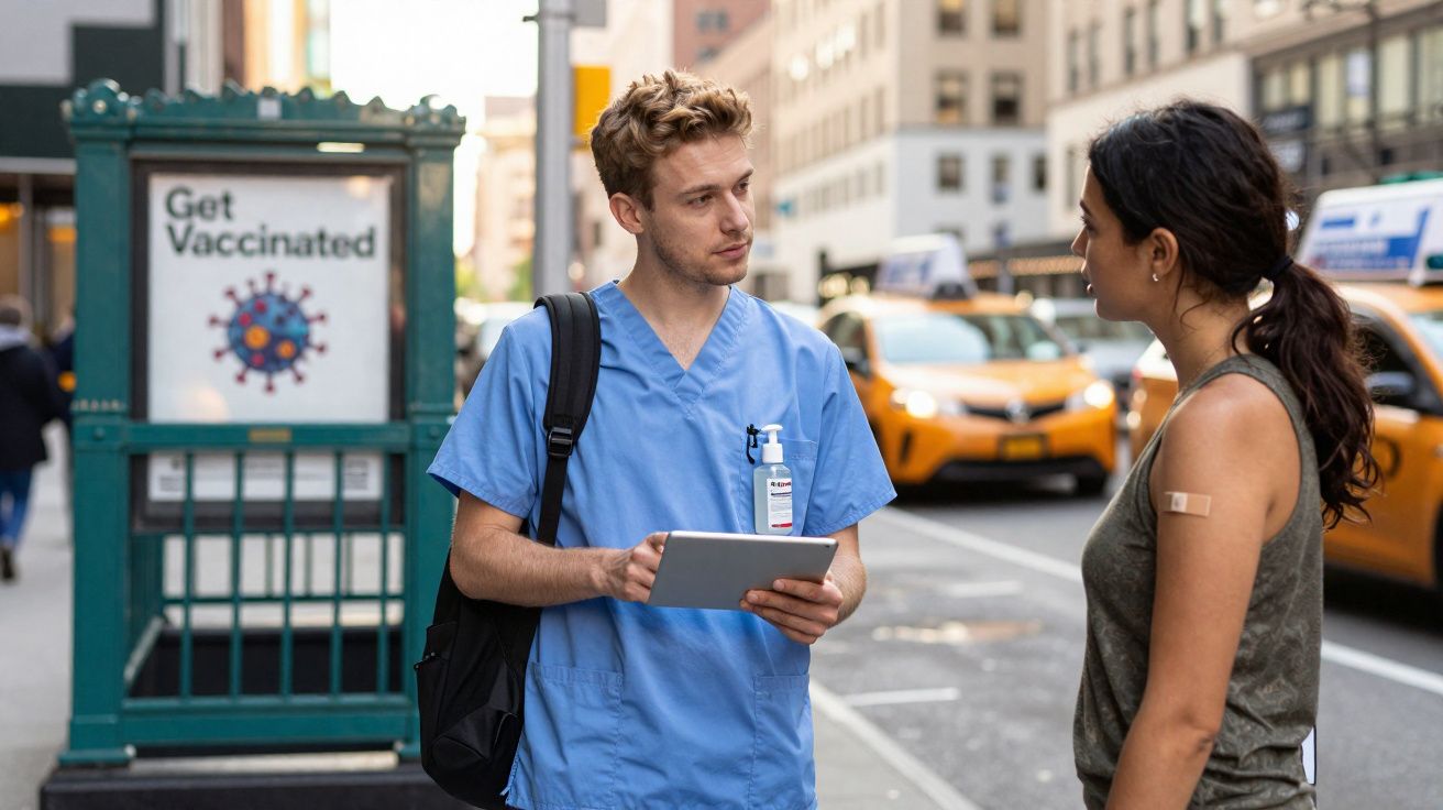 Profissional de saúde com bata azul conversa com mulher com penso adesivo no braço numa rua urbana.