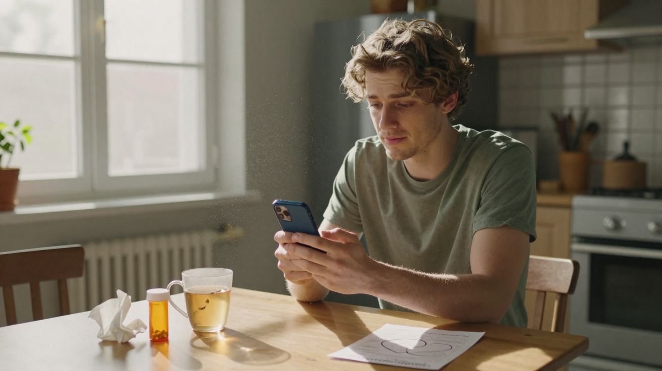 Homem sentado à mesa com expressão preocupada a olhar para o telemóvel, com medicamentos e chá à frente.