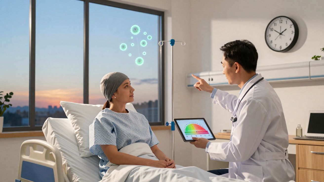 Médico consulta paciente oncológica no hospital com gráfico e ilustração de vírus na janela ao pôr do sol.