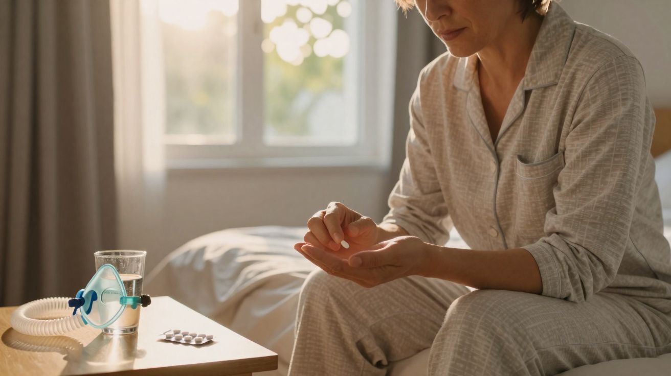 Pessoa em pijama sentada na cama prestes a tomar comprimidos, com inalador e copo de água na mesa ao lado.