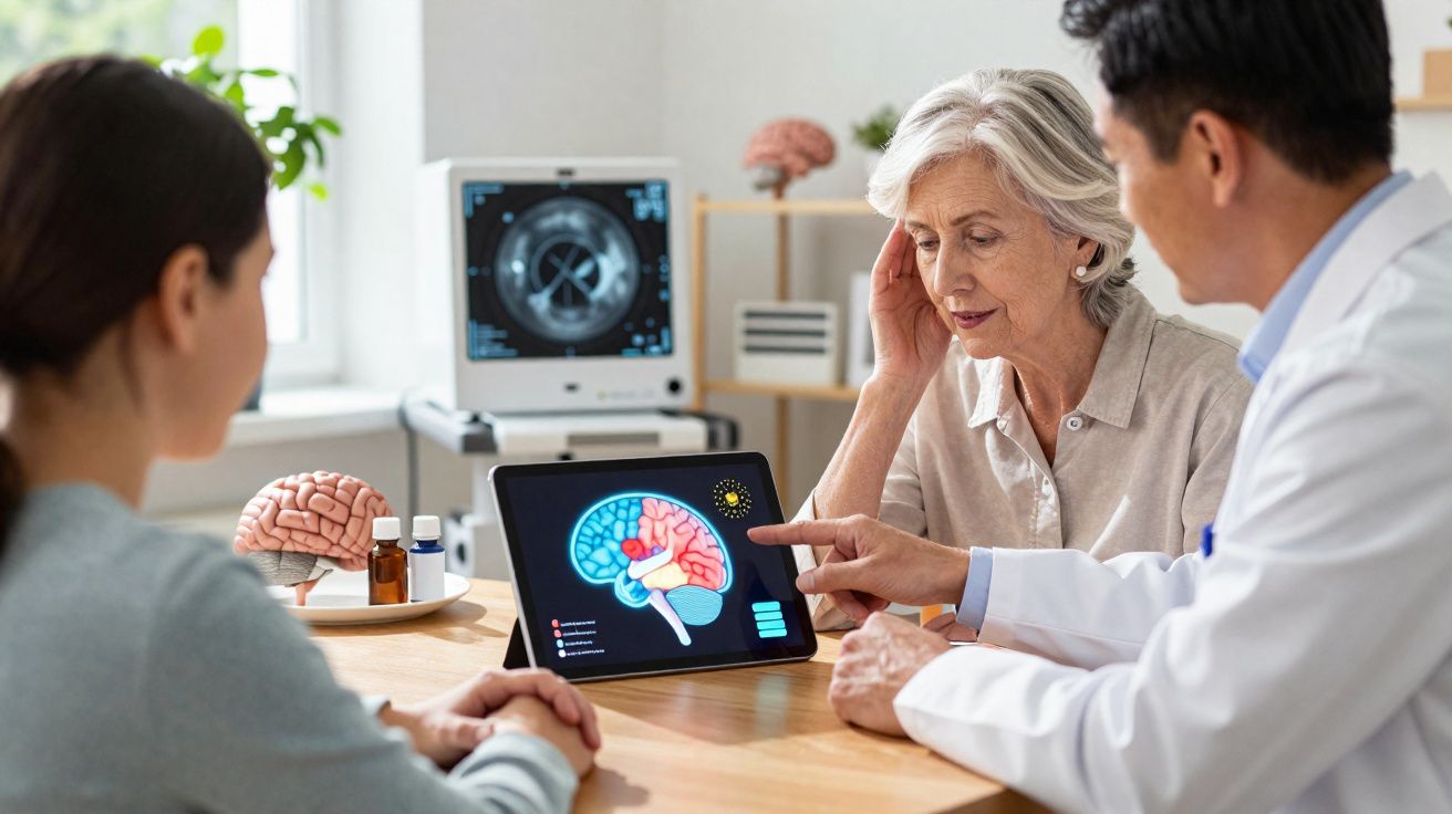 Médico explica a paciente idosa e a acompanhante sobre cérebro numa consulta neurológica com imagem digital do cérebro.