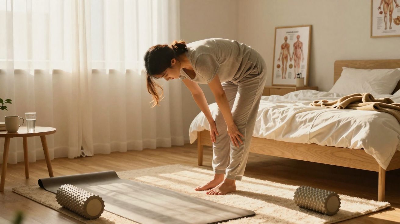 Mulher a fazer alongamentos numa cama, com tapete de yoga e rolos de espuma no chão de madeira.