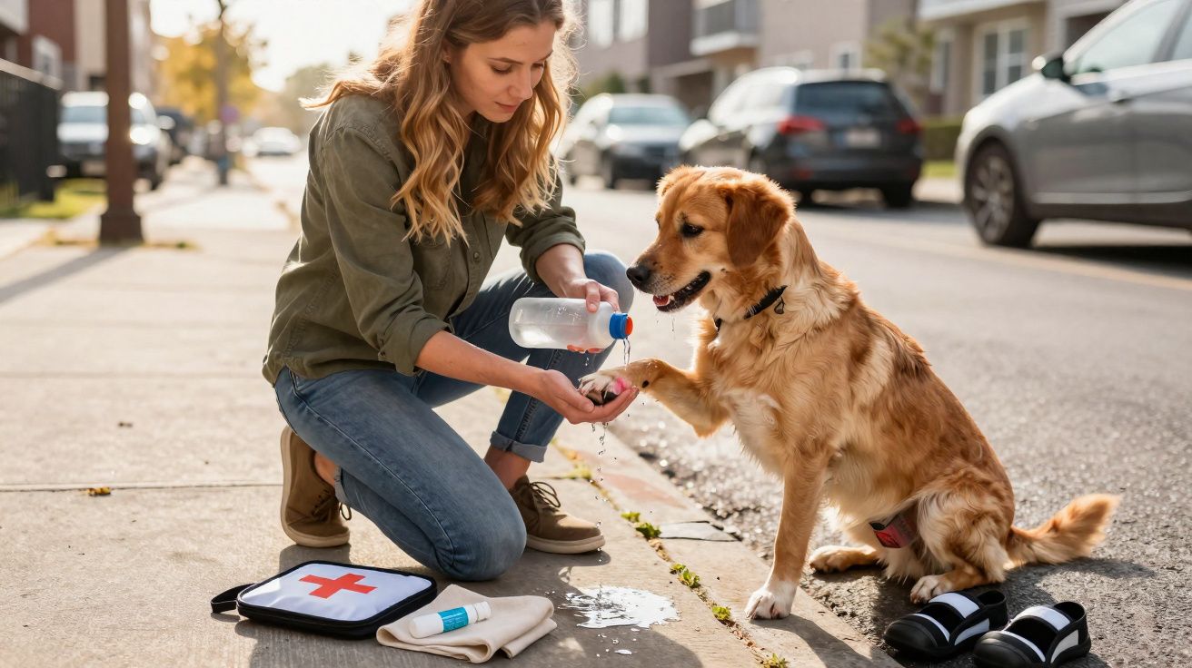 Mulher limpa a pata de um cão dourado na calçada, com kit de primeiros socorros ao lado.