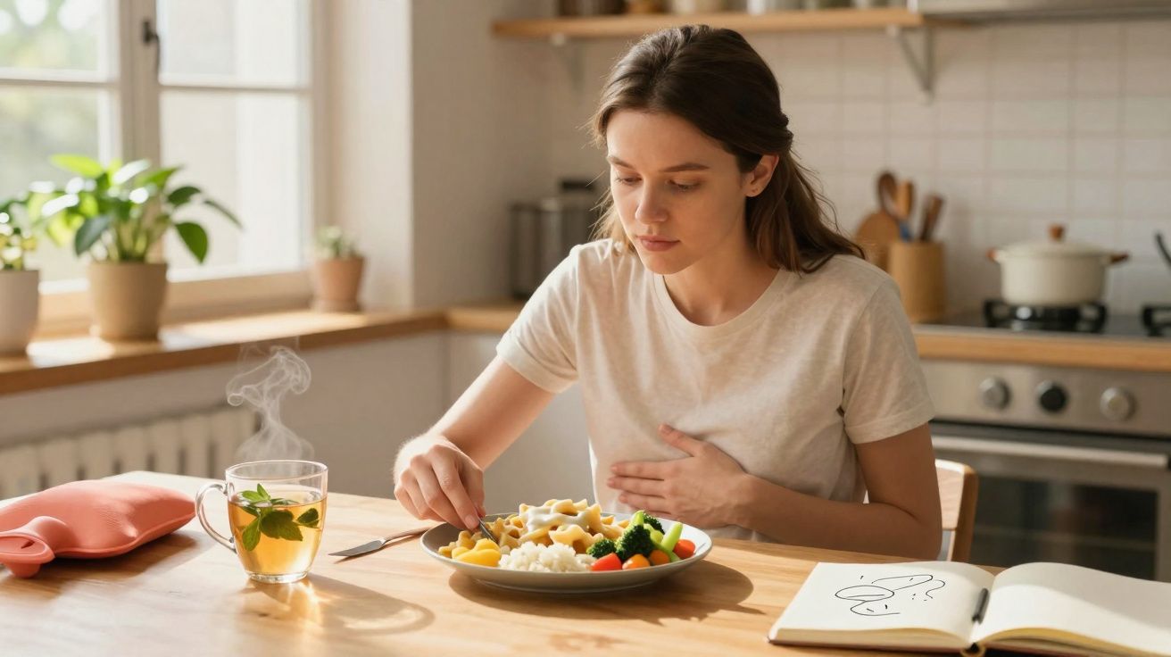 Mulher com expressão de desconforto abdominal a olhar para o prato de comida na cozinha.