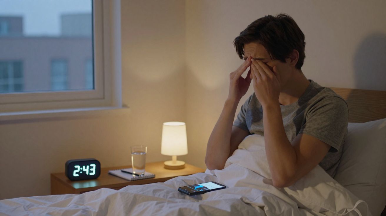 Homem sentado na cama a esfregar os olhos, iluminado por candeeiro, com telemóvel e relógio digital mostrando 2:43.