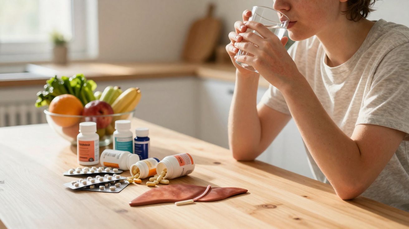 Pessoa a beber água sentada numa mesa com diferentes frascos de suplementos e cápsulas junto a uma representação de fígado.