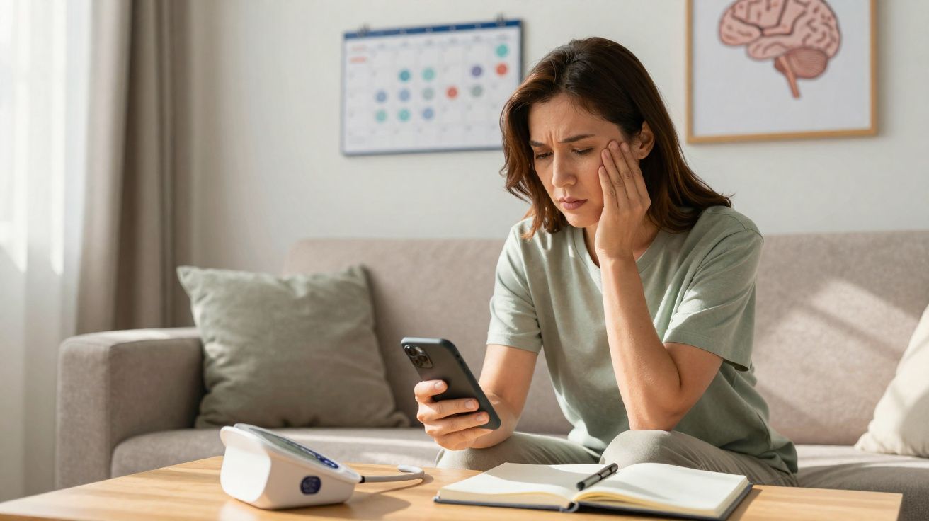 Mulher preocupada com dor de cabeça sentada no sofá a olhar para o telemóvel com livro e medidor de pressão na mesa.