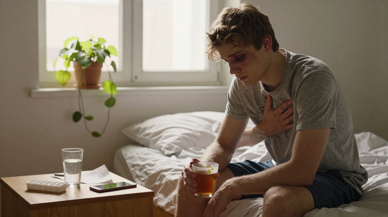 Homem sentado na cama com ferimentos no rosto, segurando o peito e um copo de chá.