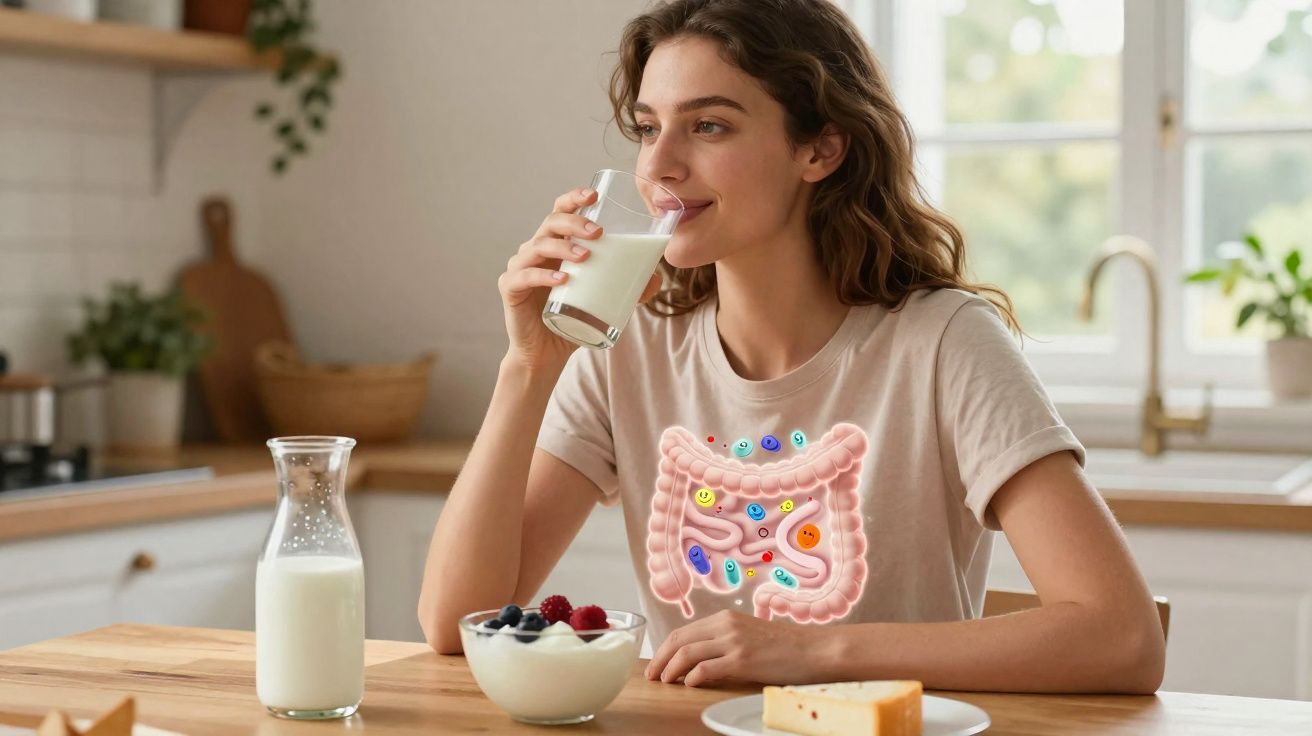 Mulher a beber leite na cozinha, com ilustração do sistema digestivo e microbioma no estômago.