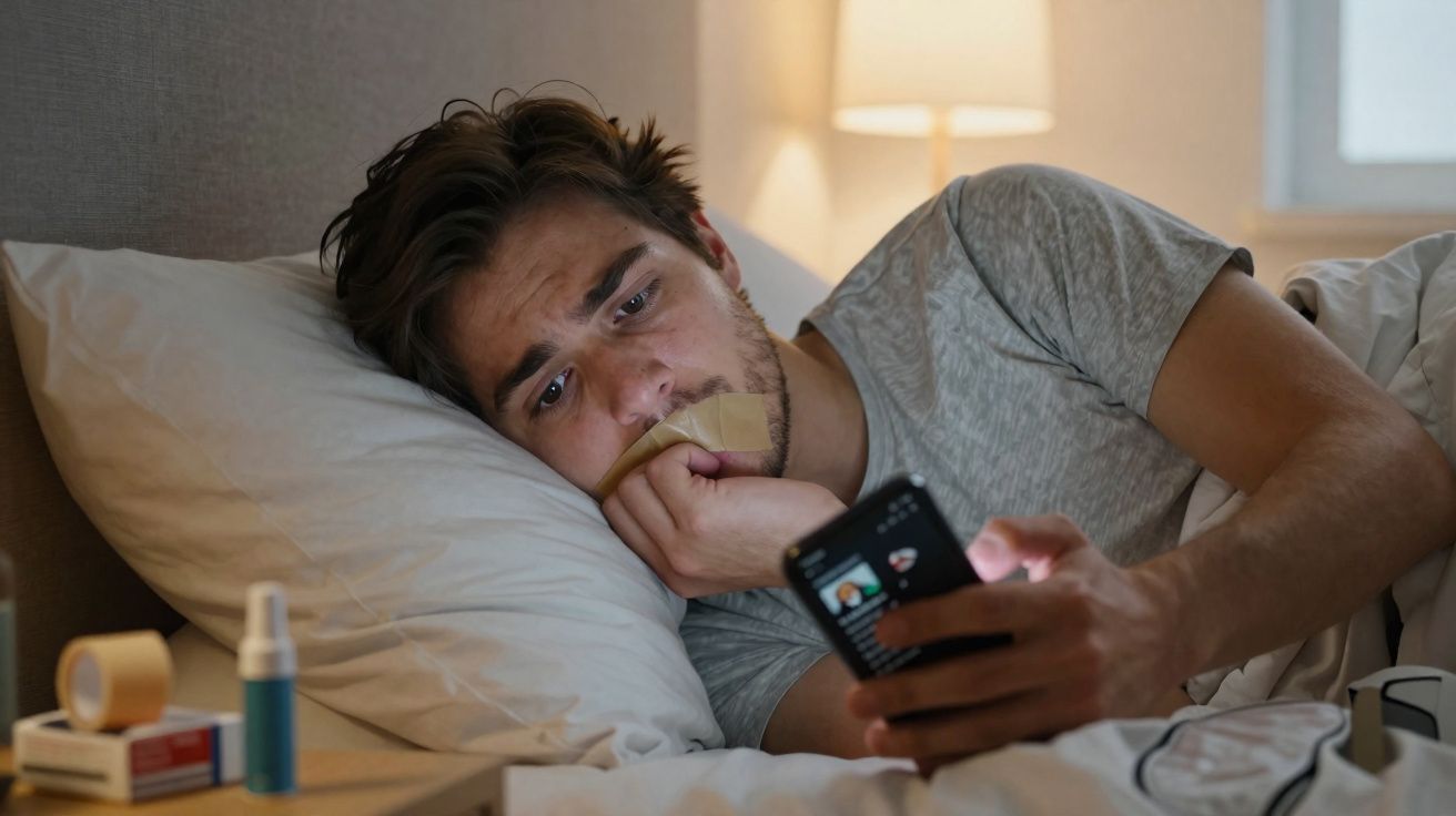 Homem deitado na cama com atadura no lábio, olhando preocupado para o telemóvel numa divisão com luz quente.