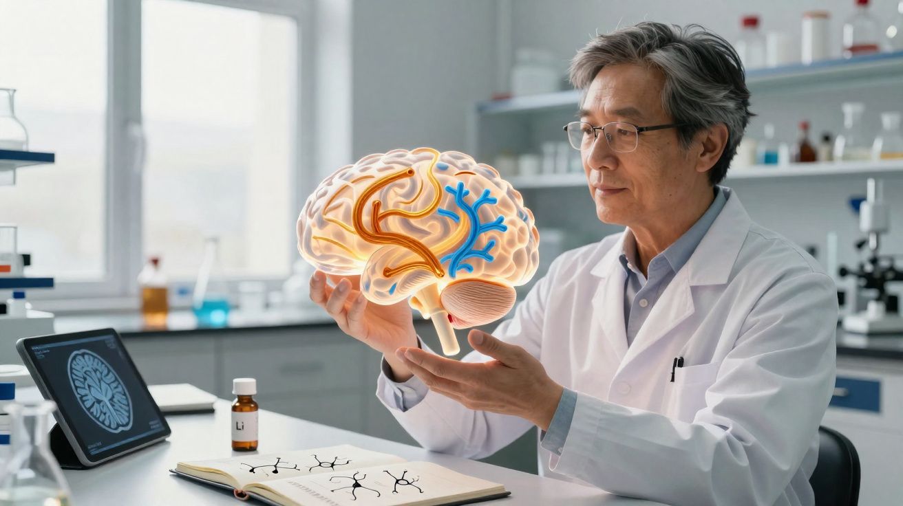 Cientista em laboratório a analisar modelo holográfico do cérebro com ilustrações de neurónios numa mesa.