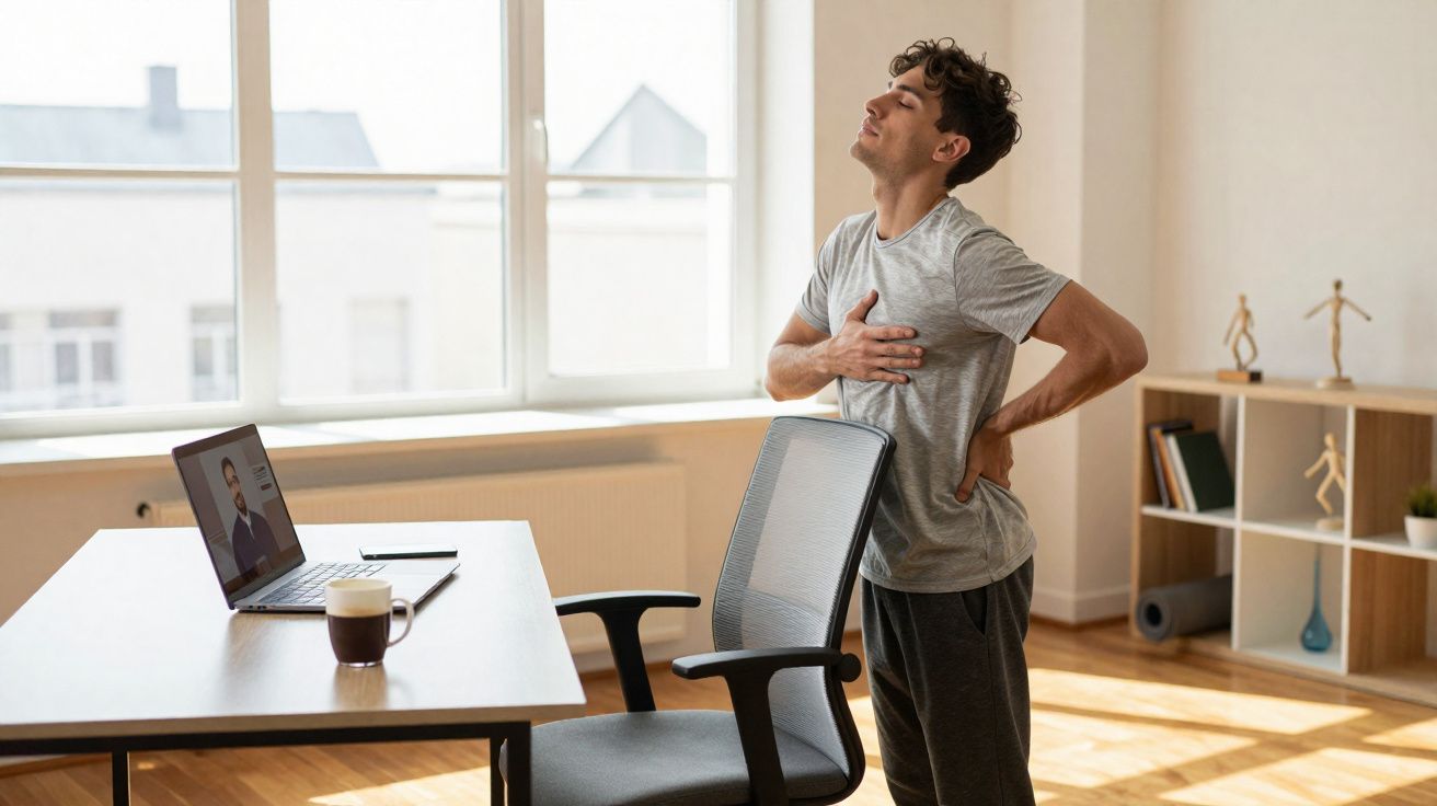 Homem em roupa casual com dor nas costas, a alongar-se junto a uma secretária com computador portátil.