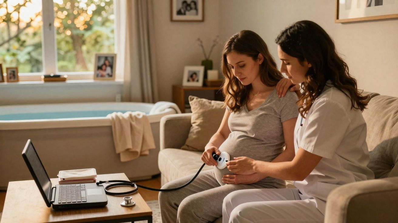 Enfermeira a medir ritmo cardíaco de grávida com aparelho em casa, laptop aberto na mesa.