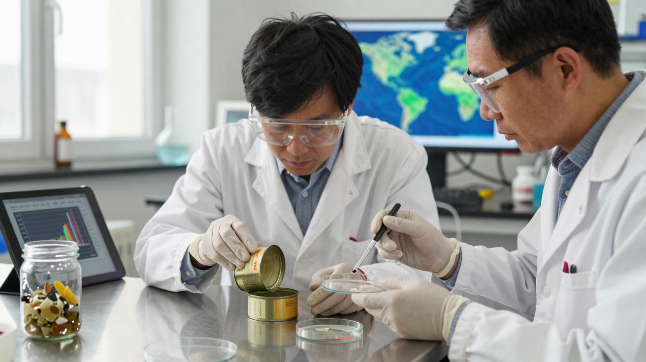 Dois cientistas em bata branca e óculos de proteção analisam amostras em placa de Petri num laboratório.