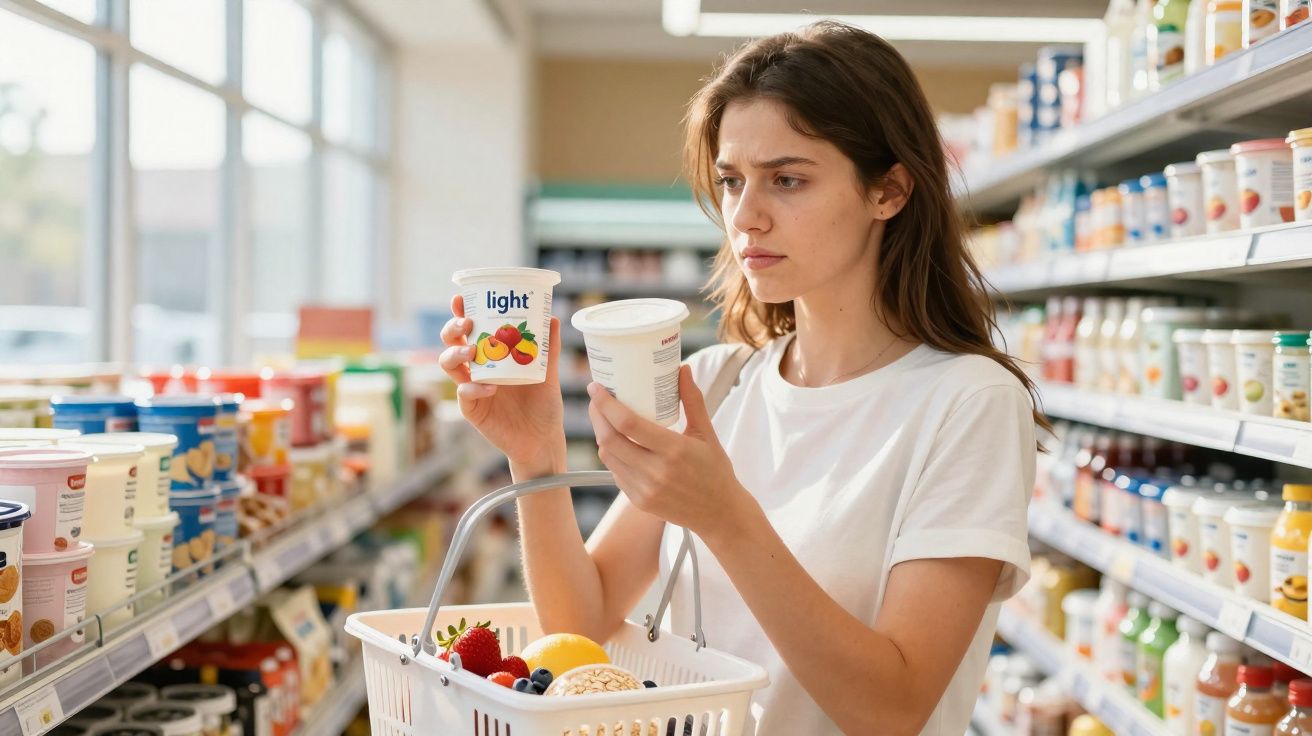 Mulher escolhe entre dois iogurtes light enquanto faz compras num supermercado.