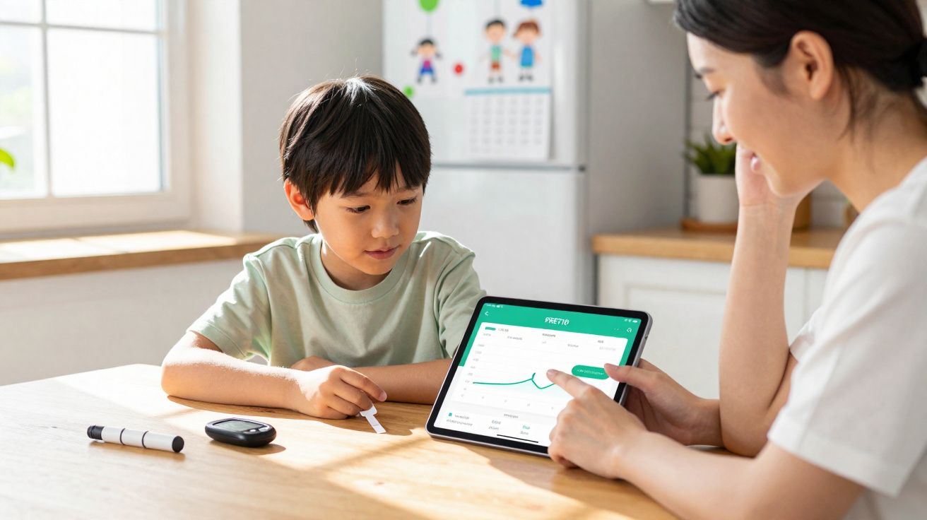 Criança e adulto a monitorizar dados de glicemia num tablet durante teste de diabetes em casa.