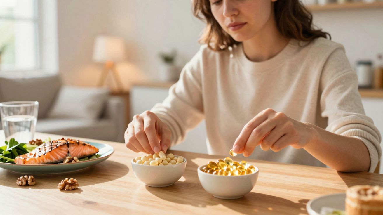 Pessoa a escolher entre suplementos alimentares em cápsulas, com prato de salmão, nozes e vidro de água.