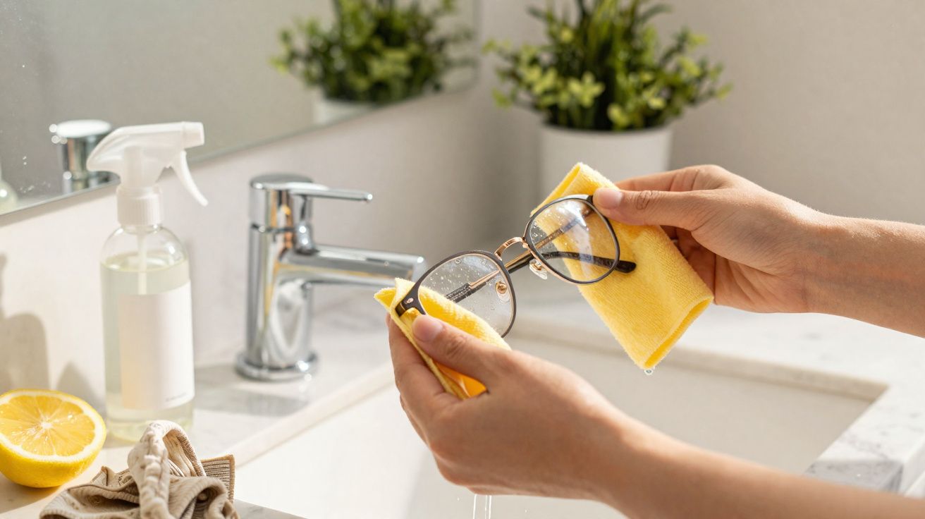Pessoas a limpar óculos com um pano amarelo numa casa de banho com plantas e um limão cortado.