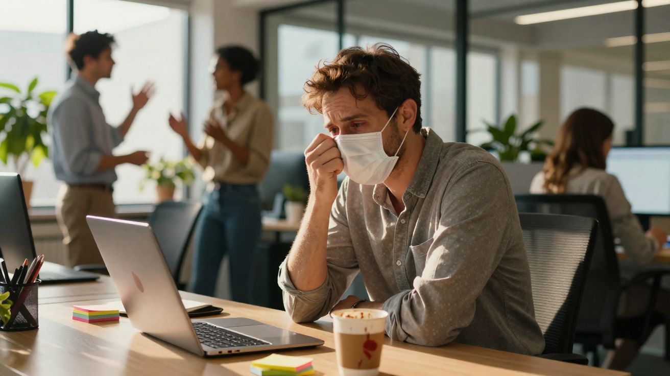 Homem de máscara sentado num escritório, a limpar os olhos, com colegas ao fundo.