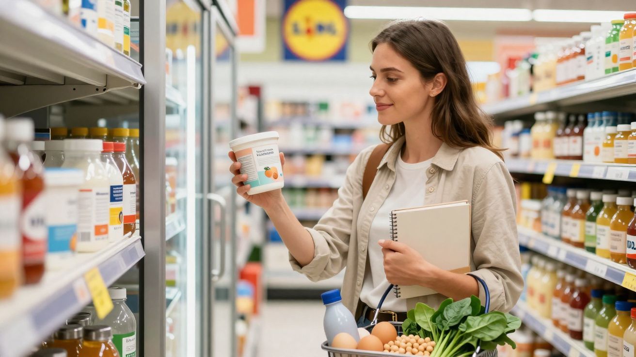 Mulher a fazer compras num supermercado, segurando um frasco e um caderno, com cesto cheio de alimentos.