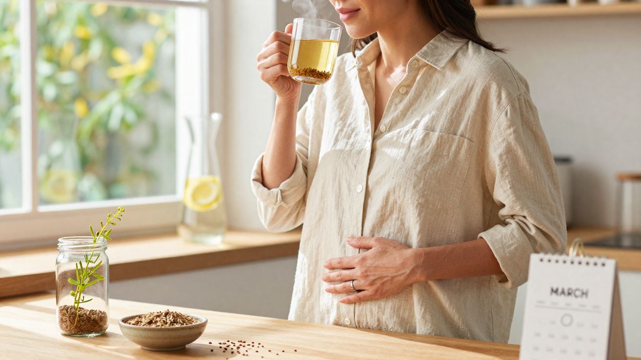 Mulher grávida a beber chá quente, com mão na barriga, numa cozinha iluminada e decorada de forma simples.