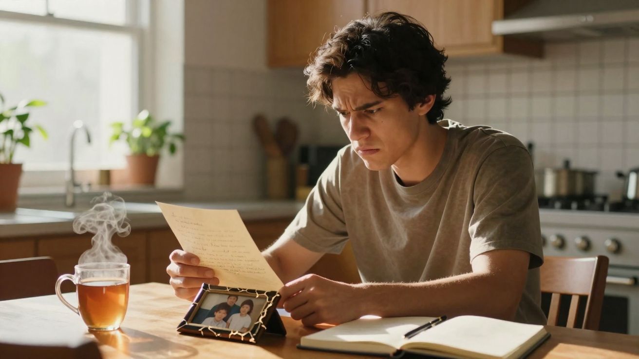 Jovem preocupado lê carta numa cozinha, com chá fumegante e foto de família na mesa.