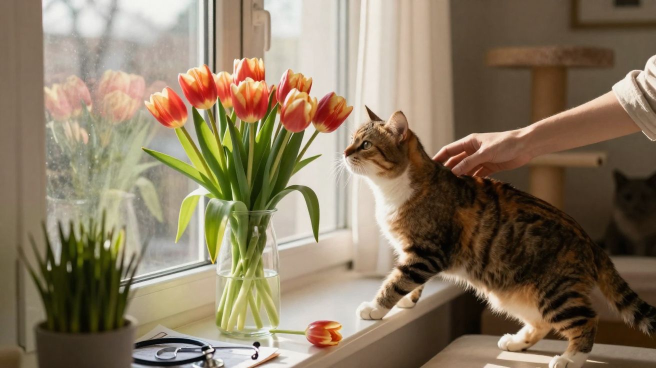 Gato laranja e branco a subir para janela com vaso de tulipas vermelhas e mão a afagar o gato.