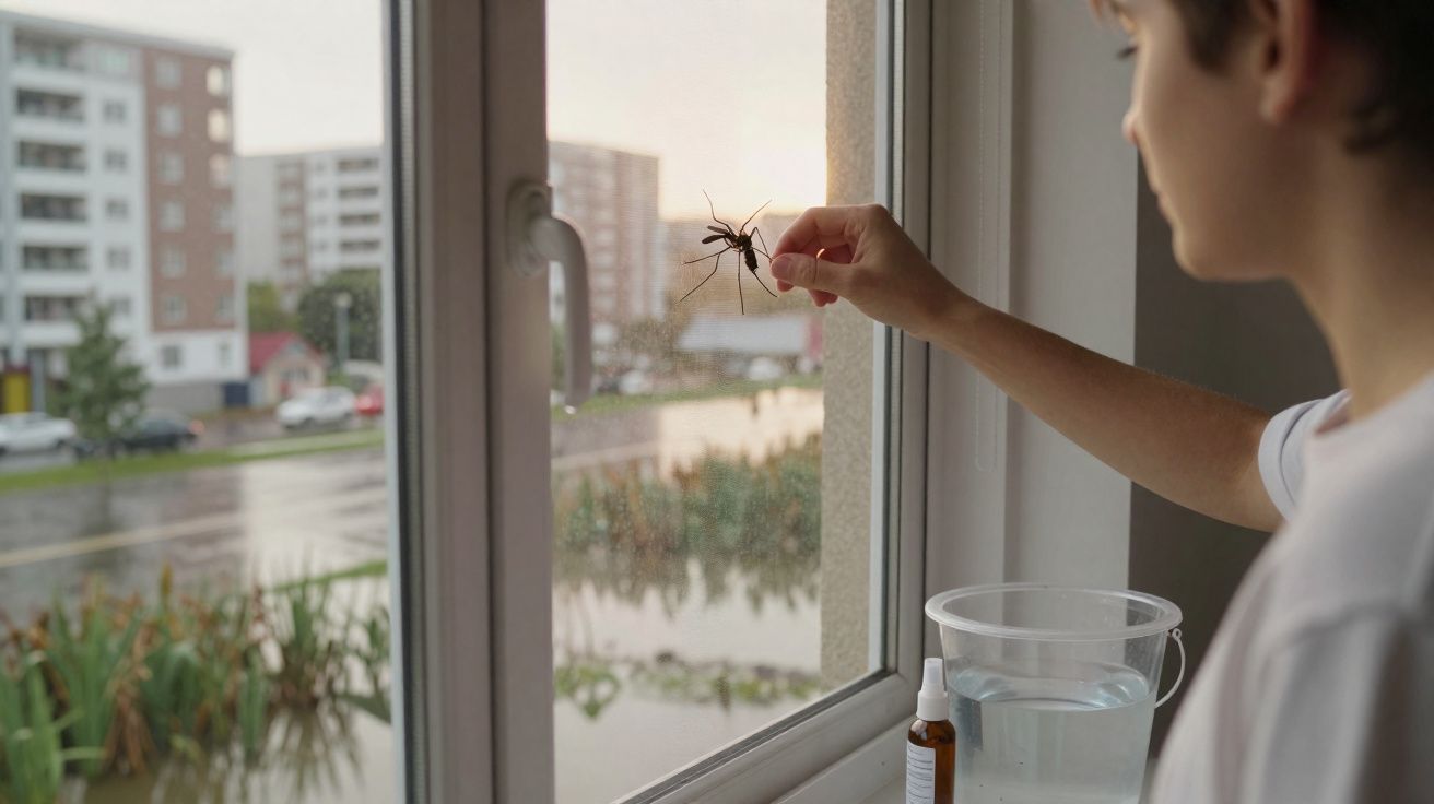Pessoa a apanhar mosquito junto a janela com recipiente e frasco na mesa.