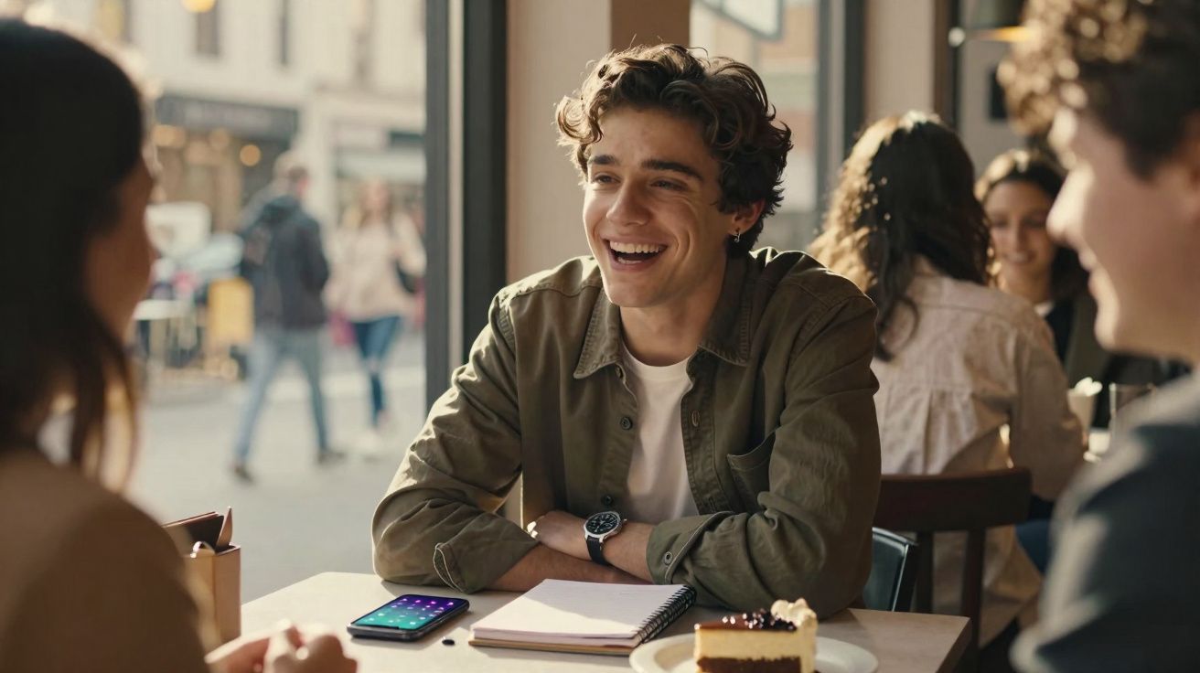 Jovem sorridente conversa com amigos num café, com caderno e smartphone na mesa.