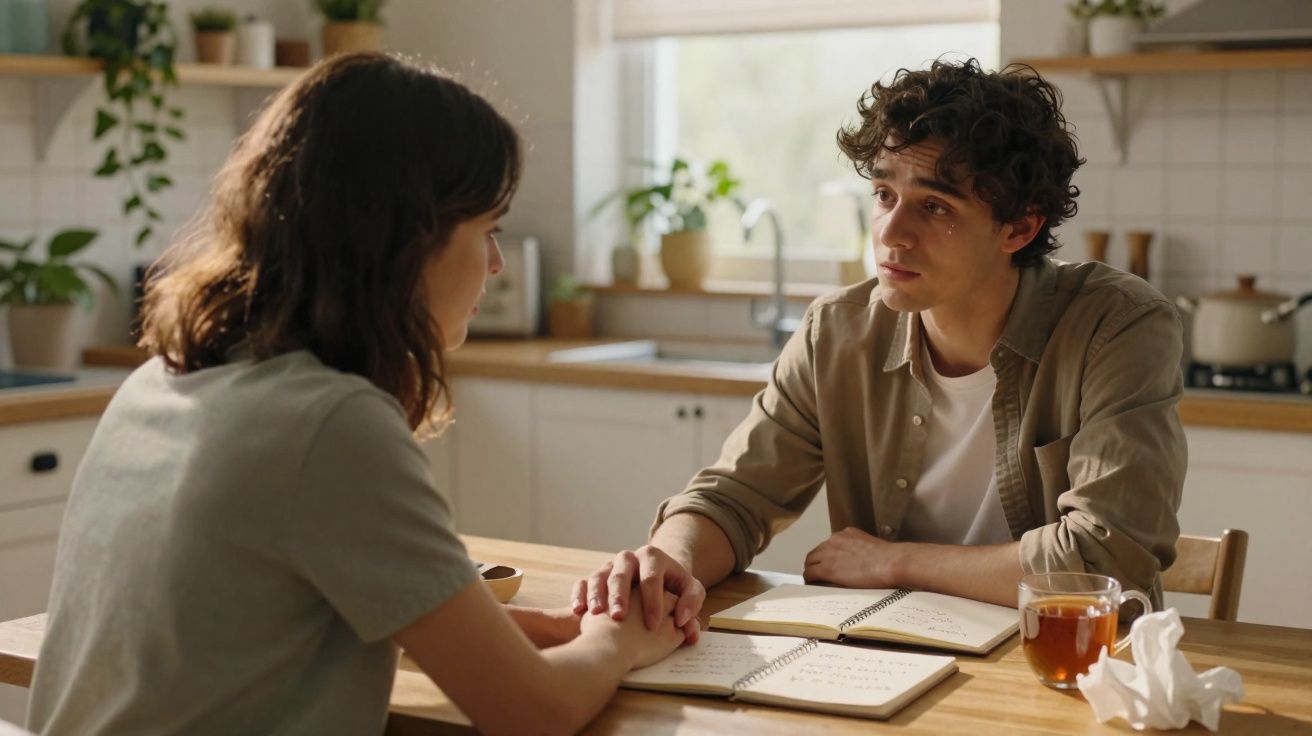 Jovem com lágrimas a ser confortado por mulher enquanto conversam numa cozinha.