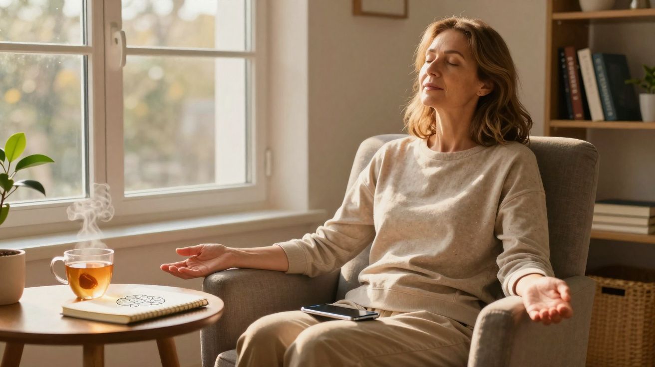 Mulher relaxa com os olhos fechados, sentada numa poltrona perto de uma janela com chá e caderno na mesa.