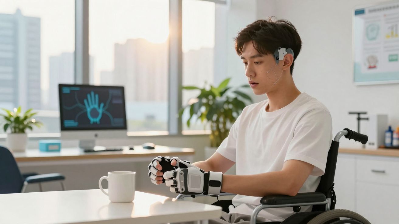 Homem em cadeira de rodas a usar próteses robóticas nas mãos e sensores na cabeça num ambiente clínico.