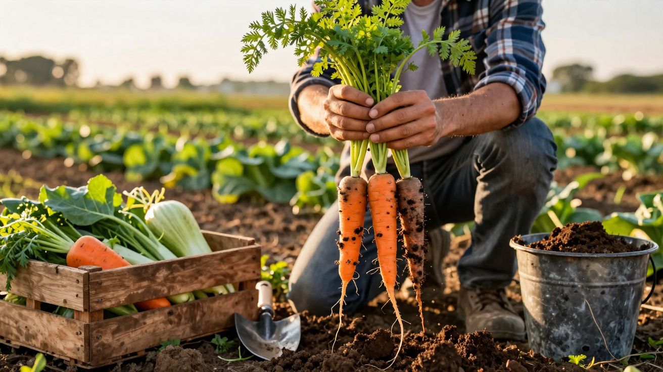 Pessoa a apanhar cenouras frescas numa horta ao ar livre, com caixa e balde de terra ao lado.