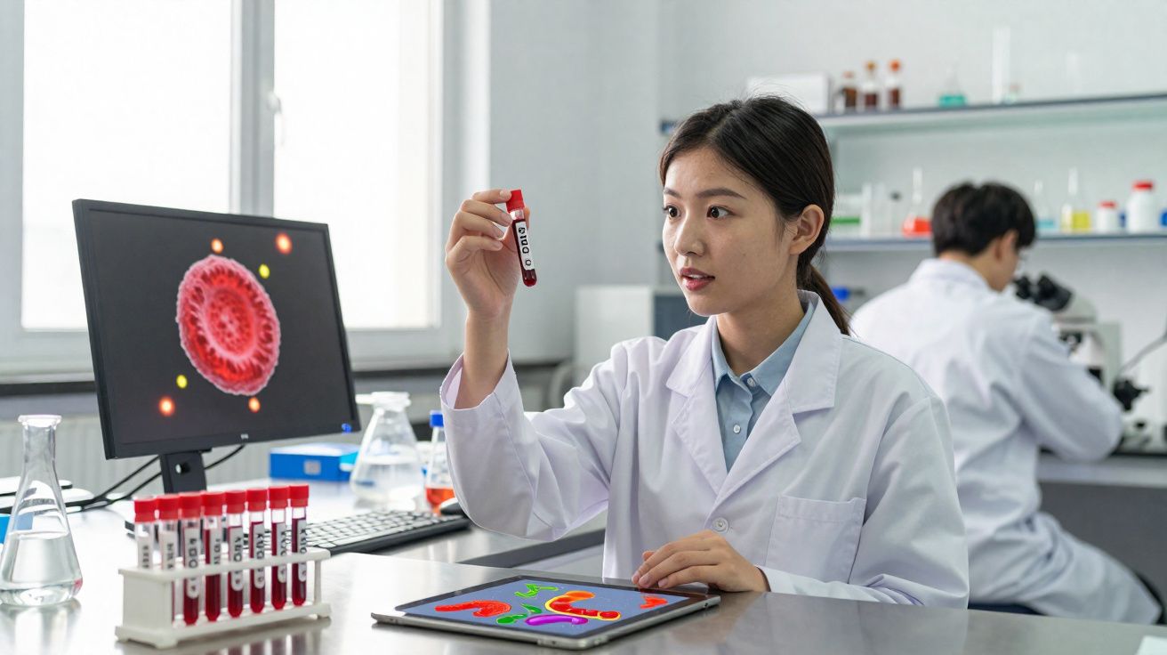 Cientista feminina analisa amostra de sangue em laboratório com equipamento digital e microscópio ao fundo.