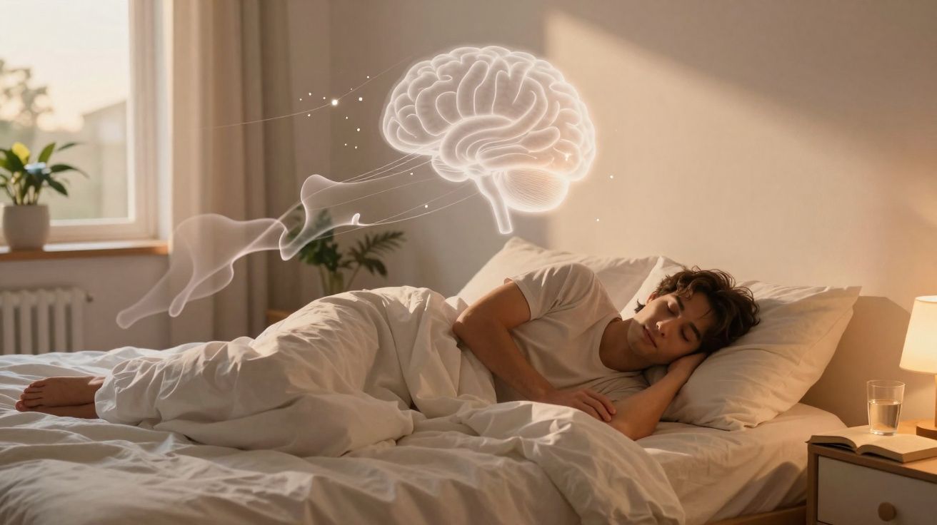 Pessoa a dormir numa cama com imagem digital de cérebro flutuante sobre ela, representando sonhos ou sono.