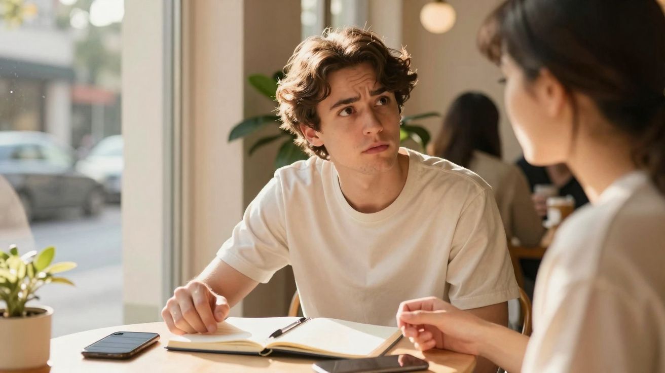 Jovem em camisola branca conversa preocupado com outra pessoa numa mesa com cadernos e telemóveis.
