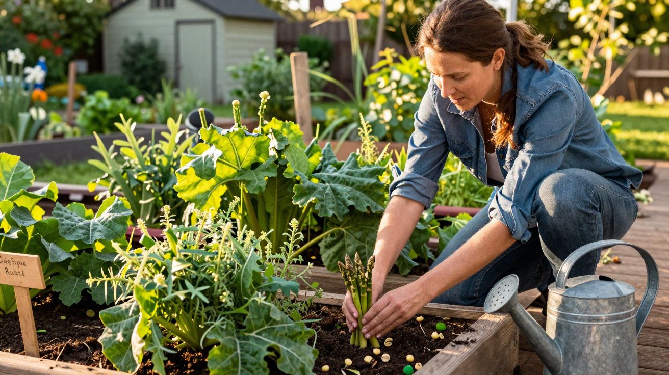 Mulher a colher espargos num canteiro de jardim com regador metálico ao lado ao fim da tarde.