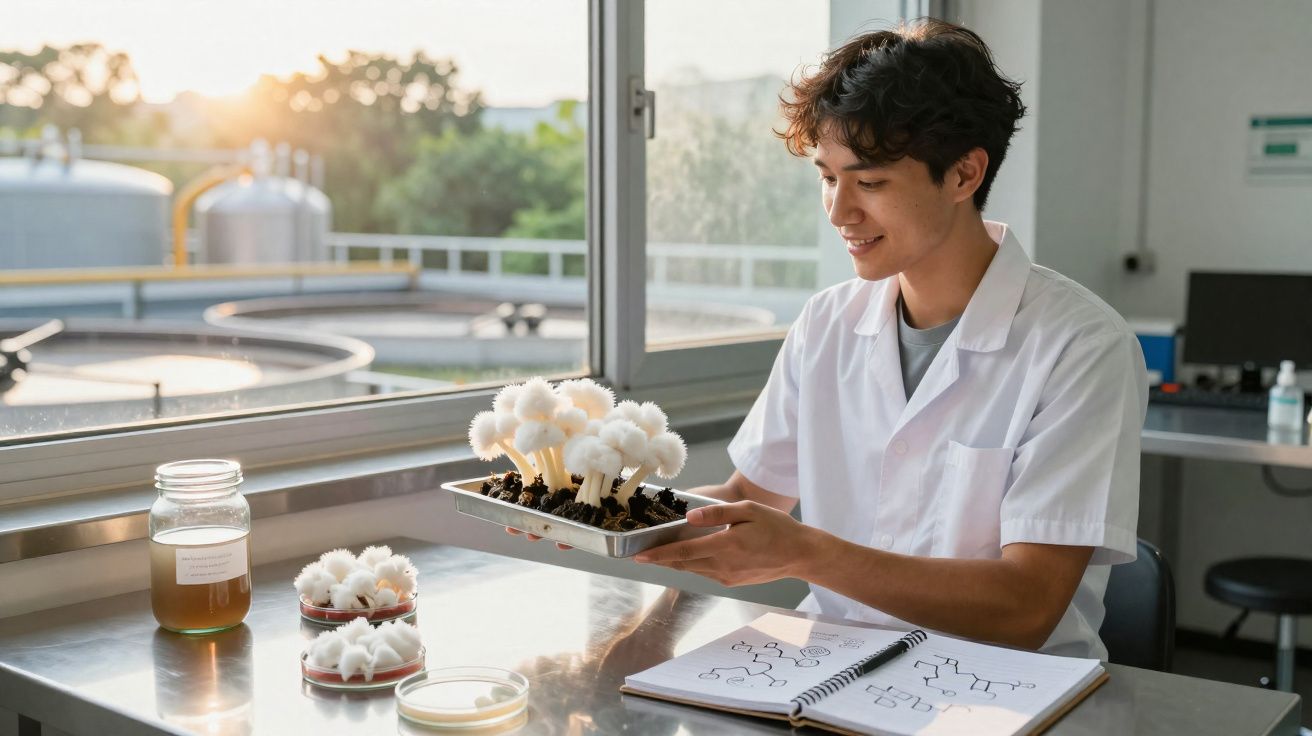 Jovem cientista em laboratório observa cogumelos brancos cultivados numa bandeja perto de janelas.