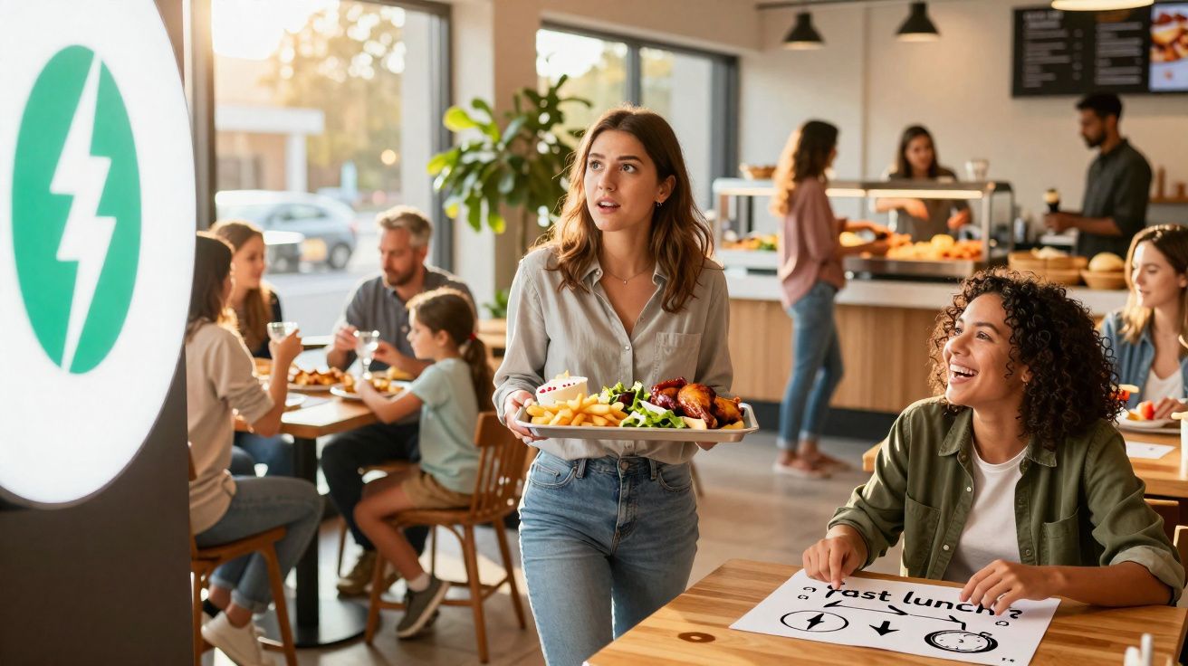 Mulher carregando prato de comida num restaurante casual com pessoas a comer e conversar ao fundo.