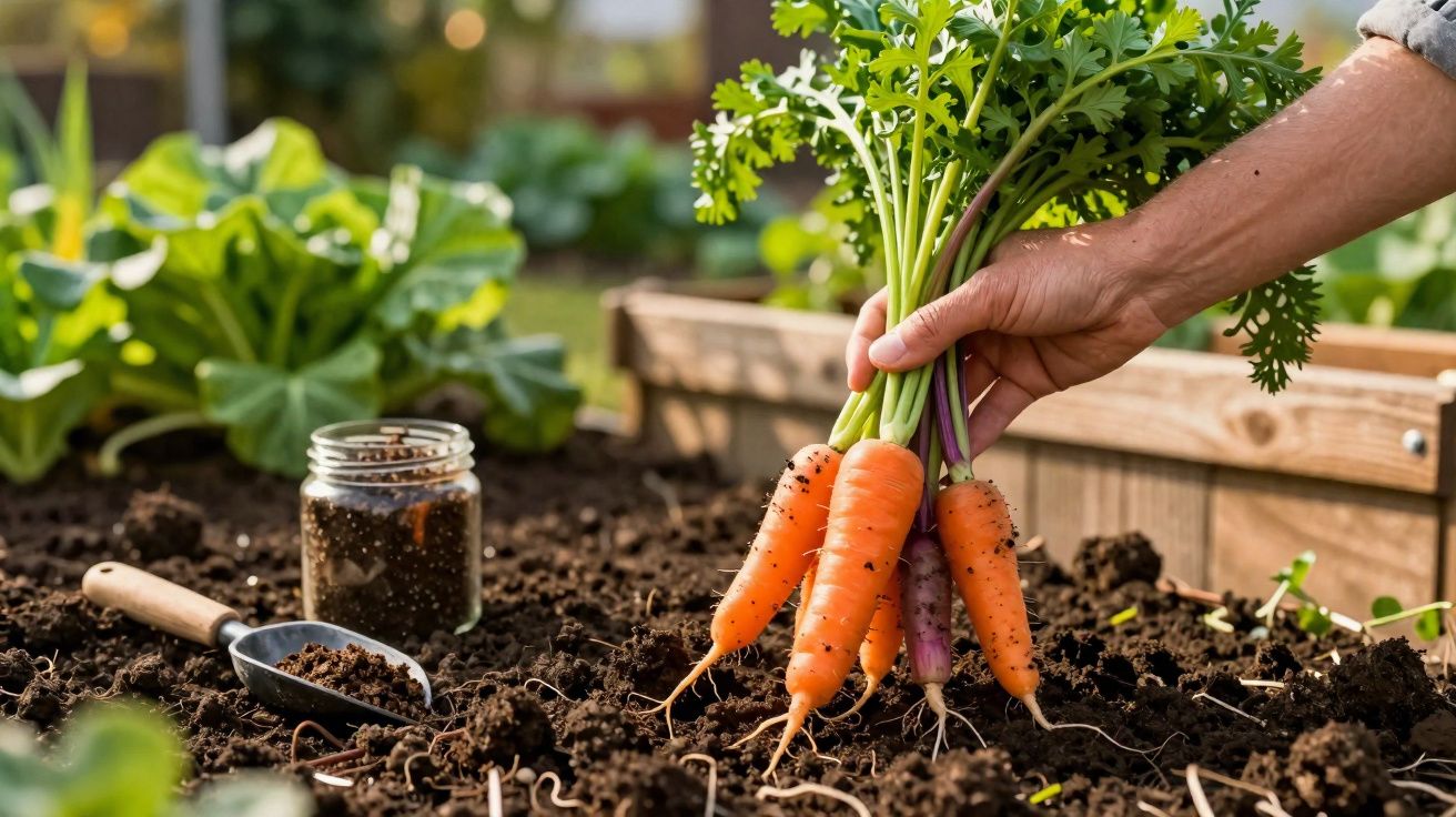 Mão a colher cenouras frescas do solo de uma horta com terra fértil e plantas ao fundo.